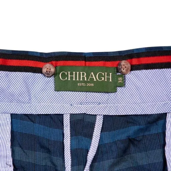 Mens Gurkha Pants 38 Blue Green Plaid Cotton Trousers Straight Fit Flat Front